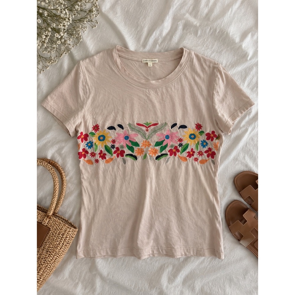 Stevie Hender Womens Floral Embroidered Short Sleeve T-Shirt Blush Pink Large